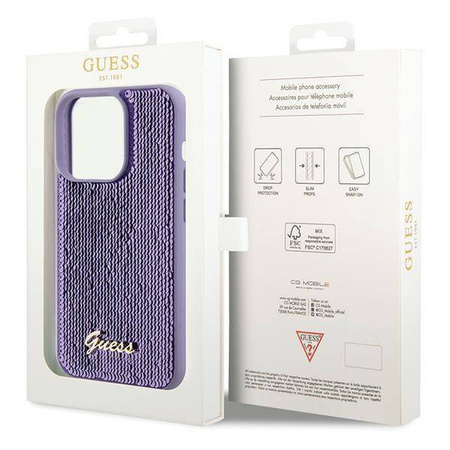 Etui Guess Sequin Script Metal na iPhone 15 Pro Max - fioletowe