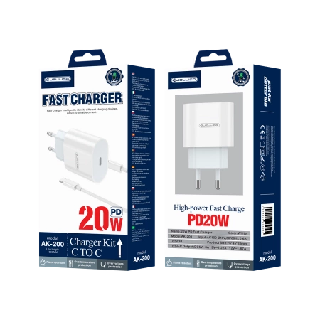 JELLICO wall charger AK200 PD 20W 1xUSB-C + cable USB-C - USB-C White