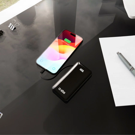 Powerbank SBS 10000 mAh 20W mit integriertem USB-C-Kabel und Digitalanzeige - schwarz