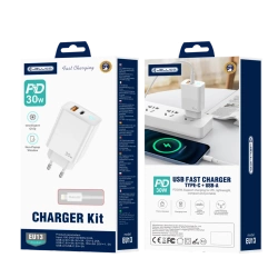 JELLICO ładowarka sieciowa EU13 GaN PD 30W 1xUSB-C + 1xUSB QC3.0 + kabel USB-C - Lightning Biały