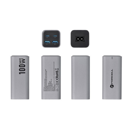FORCELL F-ENERGY GaN III VT-49 ładowarka biurkowa 2 x Typ C + 2 x USB A PD QC4.0 SFC2.0 5A 100W szara