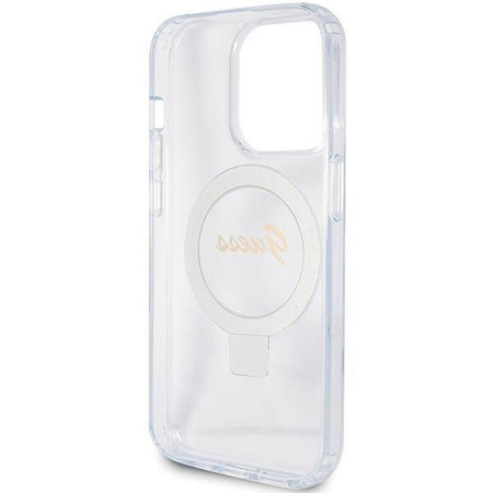 Guess Ring Stand Script Glitter MagSafe Hülle für iPhone 15 Pro – transparent