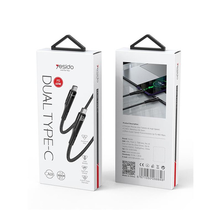 Yesido Kabel CA116 PD 60W Type-C/Type-C 3m 3A, BLACK / CZARNY