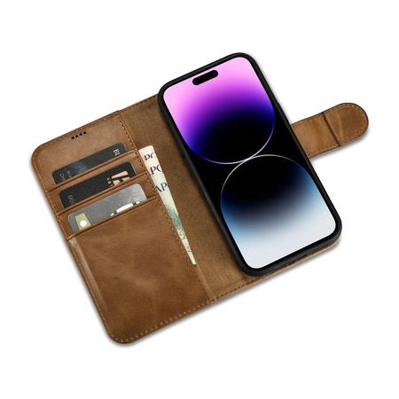 iCarer Oil Wax Wallet Case 2in1 iPhone 14 Pro Max Flip Leather Cover Anti-RFID Braun (WMI14220724-TN)