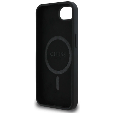 Guess Silikon Script Metal Logo MagSafe iPhone 16e Hülle - Schwarz
