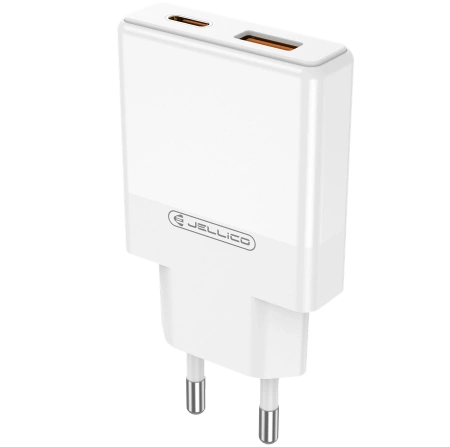 JELLICO ładowarka sieciowa EU57 PD 20W 1xUSB-C + 1xUSB QC3.0 + kabel USB-C - USB-C Biały