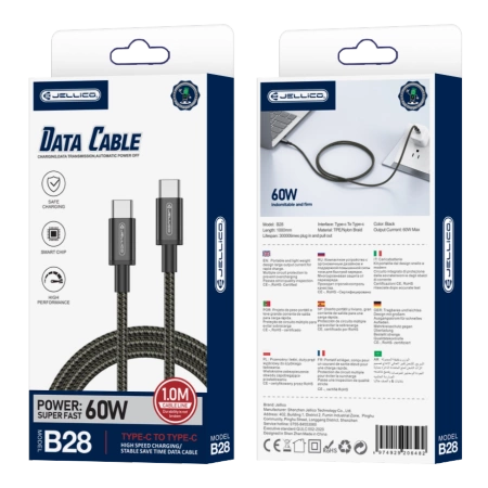 JELLICO kabel B28 USB-C - USB-C PD 60W 1M Czarny