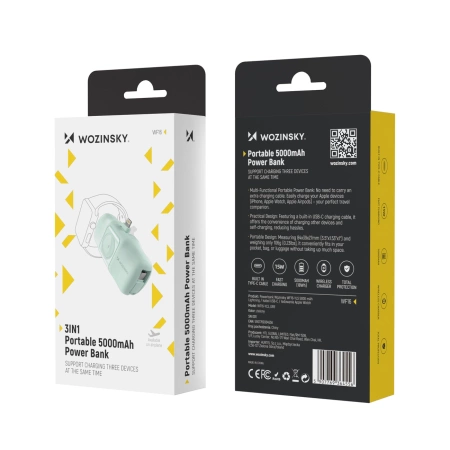Wozinsky WF16-YLS 5000 mAh 15 W Lightning Mini-Powerbank mit integriertem USB-C-Kabel und Apple Watch Ladegerät – Grün
