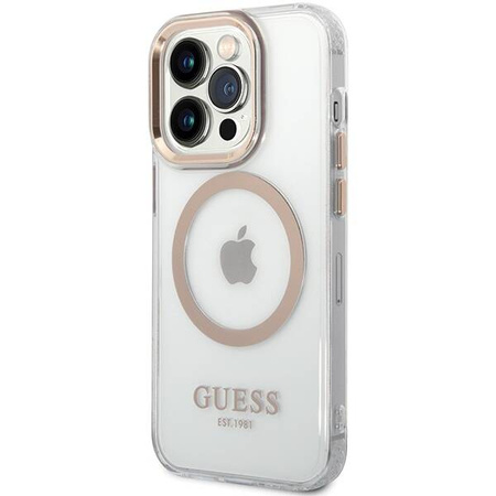 Oryginalne Etui IPHONE 15 PRO MAX Guess Hard Case Metal Outline Magsafe złote