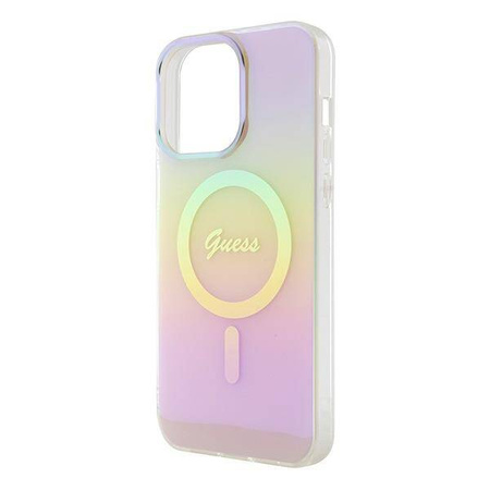 Oryginalne Etui APPLE IPHONE 15 PRO MAX Guess Hardcase IML Iridescent MagSafe (GUHMP15XHITSP) różowe