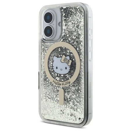 Original Handyhülle IPHONE 16 Hello Kitty Hardcase Liquid Glitter Fever MagSafe (HKHMP16SLGDIK) Schwarz und Golden