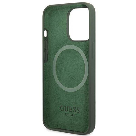 Oryginalne Etui IPHONE 13 PRO MAX Guess Hard Case Silicone Logo Plate MagSafe (GUHMP13XSPLA) zielone