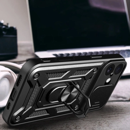Etui Hybrid Armor Camshield na iPhone 17 pancerne z podstawką i osłoną aparatu - czarne