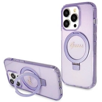 Guess Ring Stand Script Glitter MagSafe-Hülle für iPhone 15 Pro Max – Lila