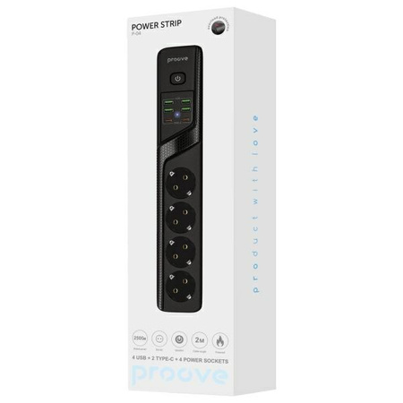 Proove Listwa zasilająca 2m 3000W Power Socket P-04 (4xAC + 4xUSB + 2xType-C) czarny/black