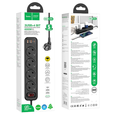 HOCO listwa zasilająca 1 gniazdo + USB A + 3 x Typ C PD QC3.0 3A 67W NS9 2 m czarna