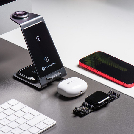 Ładowarka indukcyjna Forcell F-Energy 3w1 Simply Charge kompatybilna z Apple Watch i Samsung Watch szara