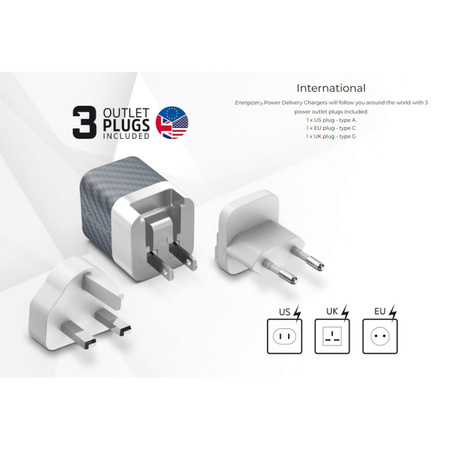 Energizer Ultimate - Ładowarka sieciowa Multiplug EU / UK / US GaN USB-C & USB-A 38W PD + QC3.0 (Srebrny)