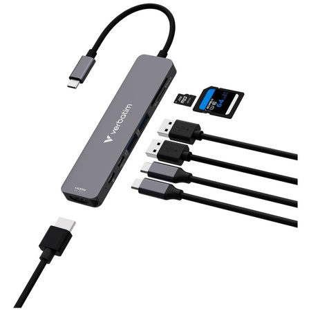 Adapter Hub Verbatim HDMI/USB-C           3.2/USB-C/2xUSB-A 3.2/SD/microSD aluminiowy 32158
