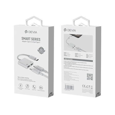 Devia adapter przejściówka Smart USB-C - USB-C (port) + USB-C (port) biały