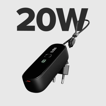 Powerbank SBS Hybrid PD 20W 5000mAh z wbudowanym kablem i składaną wtyczką - czarny
