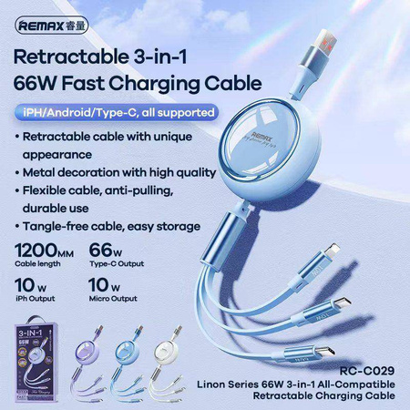 KABEL REMAX LINON SERIES 66W 3IN1 USB-C/MICRO/LIGHTNING RC-C029 WHITE
