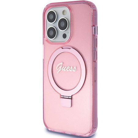 Guess Ring Stand Script Glitter MagSafe-Hülle für iPhone 15 Pro – Rosa