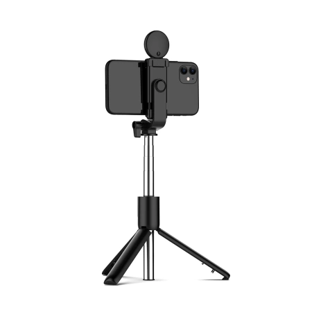 Selfie-Stick WH1YXS Teleskopstativ 1 m mit runder Lampe und Telefonhalter – Schwarz