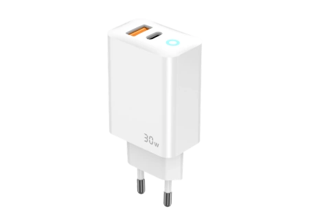 JELLICO ładowarka sieciowa EU13 GaN PD 30W 1xUSB-C + 1xUSB QC3.0 + kabel USB-C - Lightning Biały