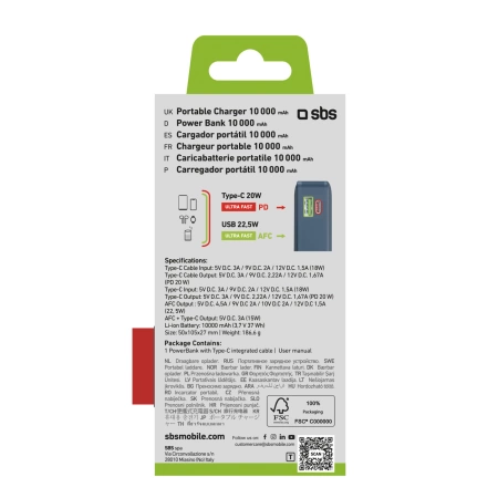 Powerbank SBS 10000 mAh 20W with built-in USB-C cable and digital display - dark gray