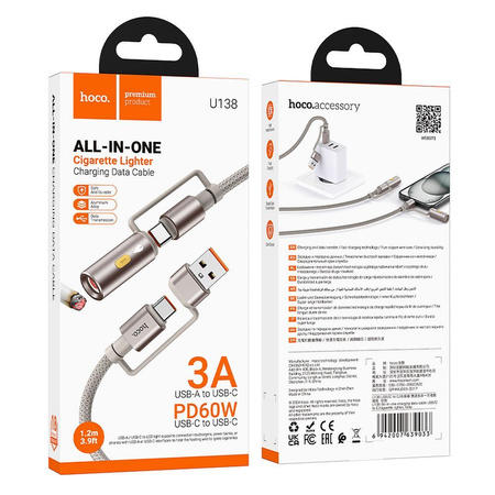 HOCO kabel All-in-one USB A / Typ C do Typ C / Zapalniczka samochodowa 3A 60W U138 1,2 m szary