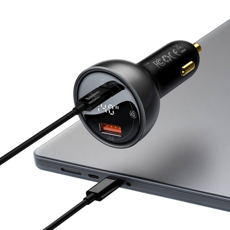 BASEUS ładowarka samochodowa Digital Display Dual USB + Typ-C 140W (z kablem Typ-C do Typ-C 240W 1m Czarny)