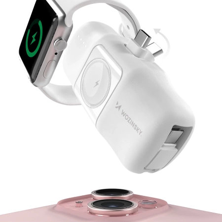 Wozinsky WF16-YCS 5000 mAh 15 W USB-C Mini-Powerbank mit integriertem USB-C-Kabel und Apple Watch Ladegerät – Weiß