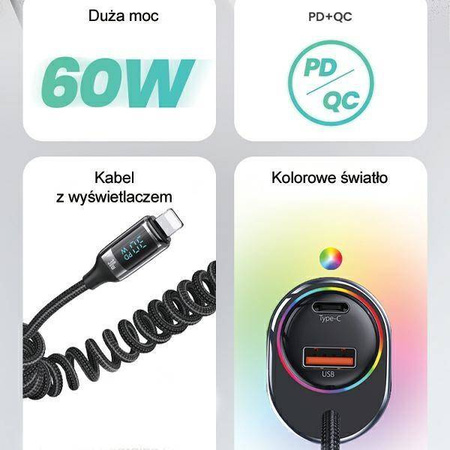 Ładowarka Samochodowa USAMS C37 1xUSB+1xUSB-C 60W + kabel Ligtning 30W PD+QC Fast Charge czarny/black CC193CC01 (US-CC193)