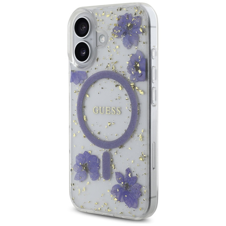 Original Case IPHONE 16 Guess Hardcase Resin Flowers Glitter MagSafe purple