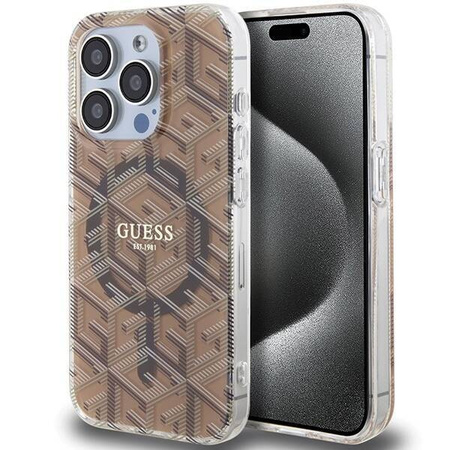 Oryginalne Etui GUESS Hardcase GUHMP15LHGCUSTGW do iPhone 15 Pro (Kompatybilny z Magsafe / IML GCUBE / brązowy)