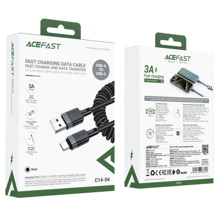 Kabel Acefast C14-04 USB-A - USB-C sprężynowy 480Mb/s 3A 1.2m - czarny