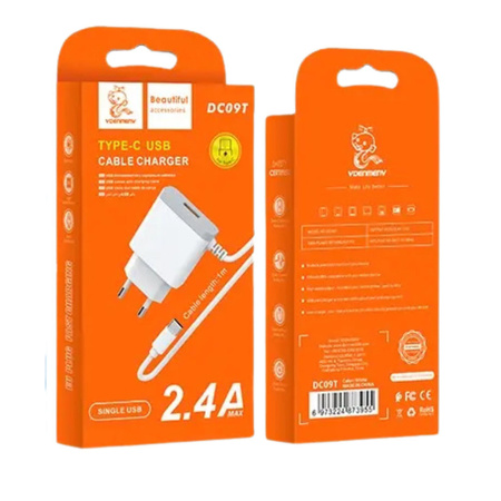 DENMEN BIAŁA ŁADOWARKA SIECIOWA USB +  KABEL TYP-C DC09T-W 2,4A