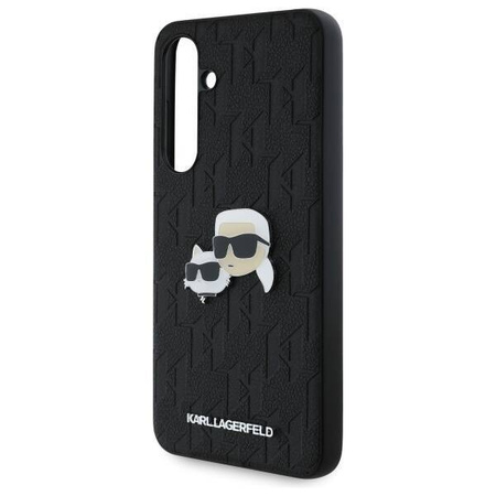 Original Handyhülle SAMSUNG GALAXY S24 FE Karl Lagerfeld Hardcase Monogram Karl&Choupette Head Pin (KLHCS24FEPGKLKCPK) schwarz
