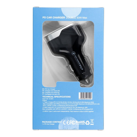 Ładowarka samochodowa USB QC 3.0 18W + Typ C PD 65W CC53-1A1C (Total 83W)