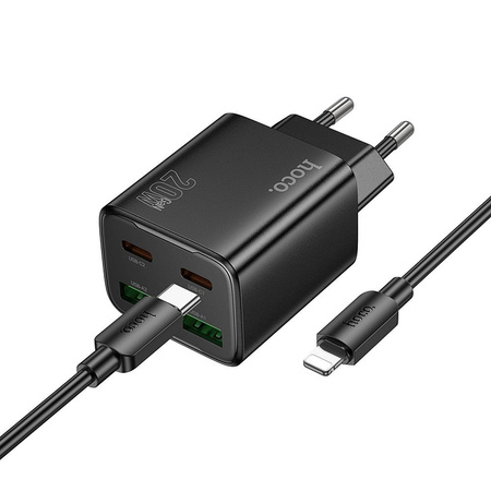 Ładowarka sieciowa do telefonu Hoco 2 x USB C + 2 x USB A QC3.0 PD 3A 20W + kabel USB C do Lightning N55 czarna
