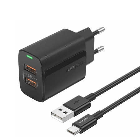 FONENG wall charger EU63 2.4A 12W 2xUSB + cable USB-C Black