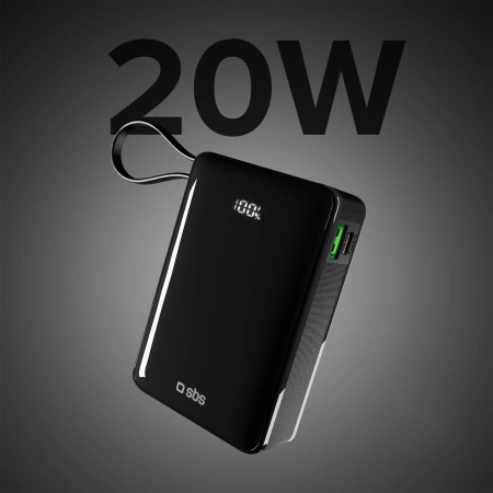 Powerbank SBS 20000 mAh 20W mit integriertem USB-C-Kabel und Digitalanzeige - schwarz