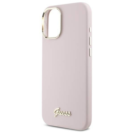 Original Handyhülle IPHONE 16 PLUS Guess Hardcase Silicone Script Metal Logo & Frame (GUHCP16MSMBSLP) rosa