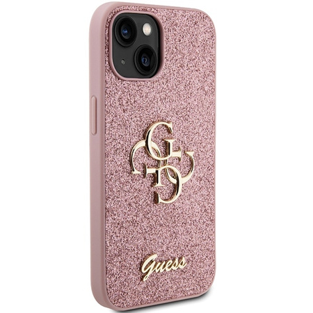 Etui Guess Glitter Script Big 4G na iPhone 15 - różowe
