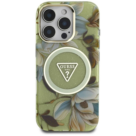 Schutzhülle IPHONE 16 PRO Guess Glitter Flowers Triangle Buttons MagSafe grün