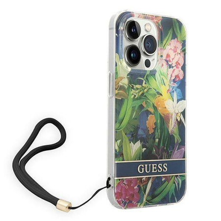 Original Handyhülle IPHONE 14 PRO MAX Guess Hardcase Flower Strap (GUOHCP14XHFLSB) blau
