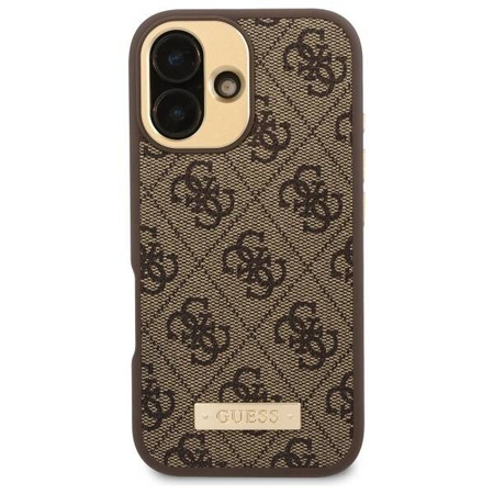 Original Handyhülle IPHONE 16 Guess Hardcase 4G Logo Plate MagSafe (GUHMP16SU4GPRW) braun