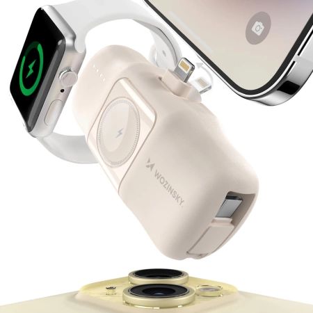 Wozinsky WF16-YLS 5000 mAh 15 W Lightning Mini-Powerbank mit integriertem USB-C-Kabel und Apple Watch Ladegerät – Beige