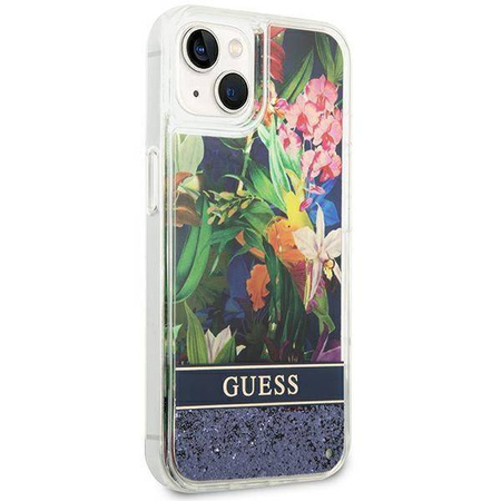 Etui IPHONE 14 PLUS Guess Hardcase Flower Liquid Glitter niebieskie